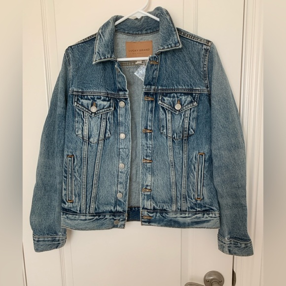 Lucky Brand Tomboy Trucker Denim Jacket Boho Mud Cloth Evil Eye M - Picture 14 of 16
